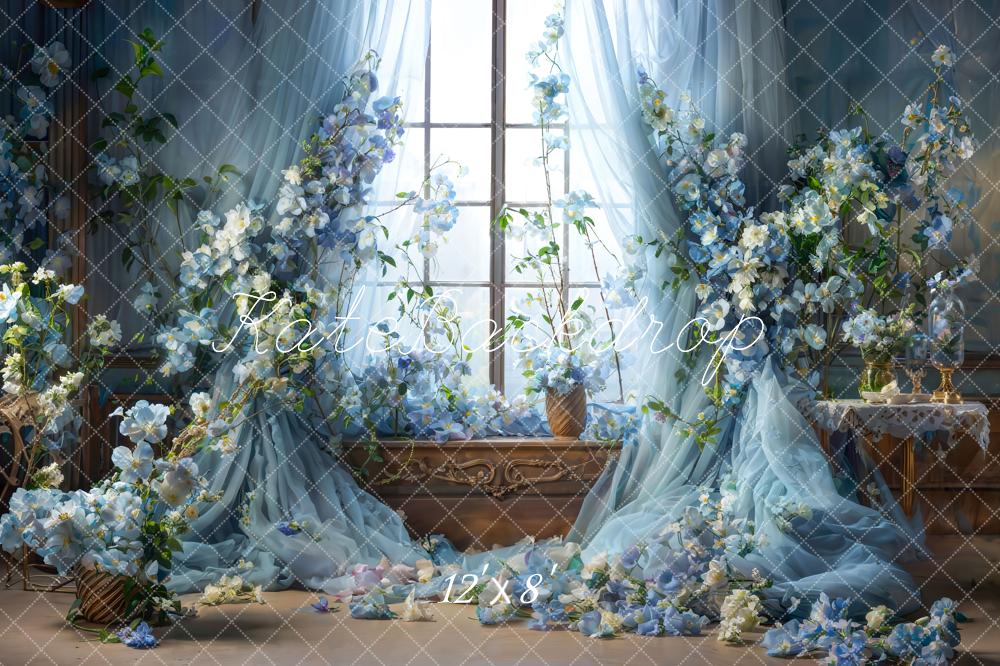 Kate Blue Flower Curtain Window Room Spring Fleece Backdrop Designed by Emetselch