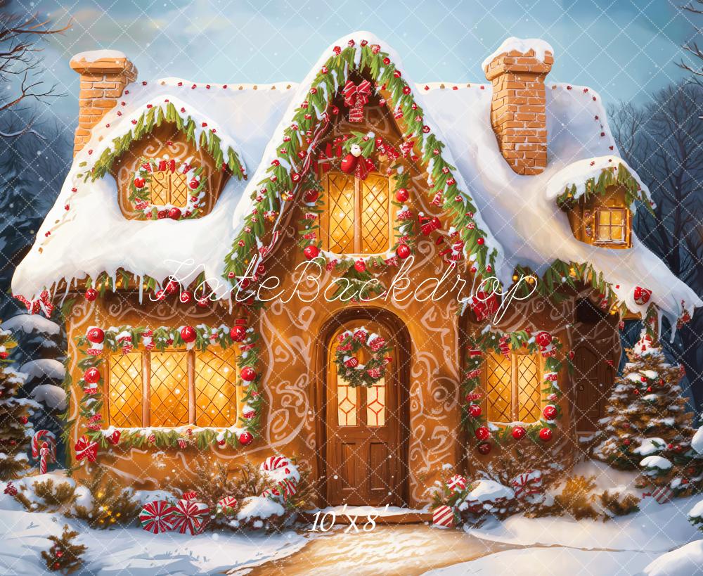 Kate Christmas Cartoon Cabin Snow White Printed Backdrop Designed by Emetselch