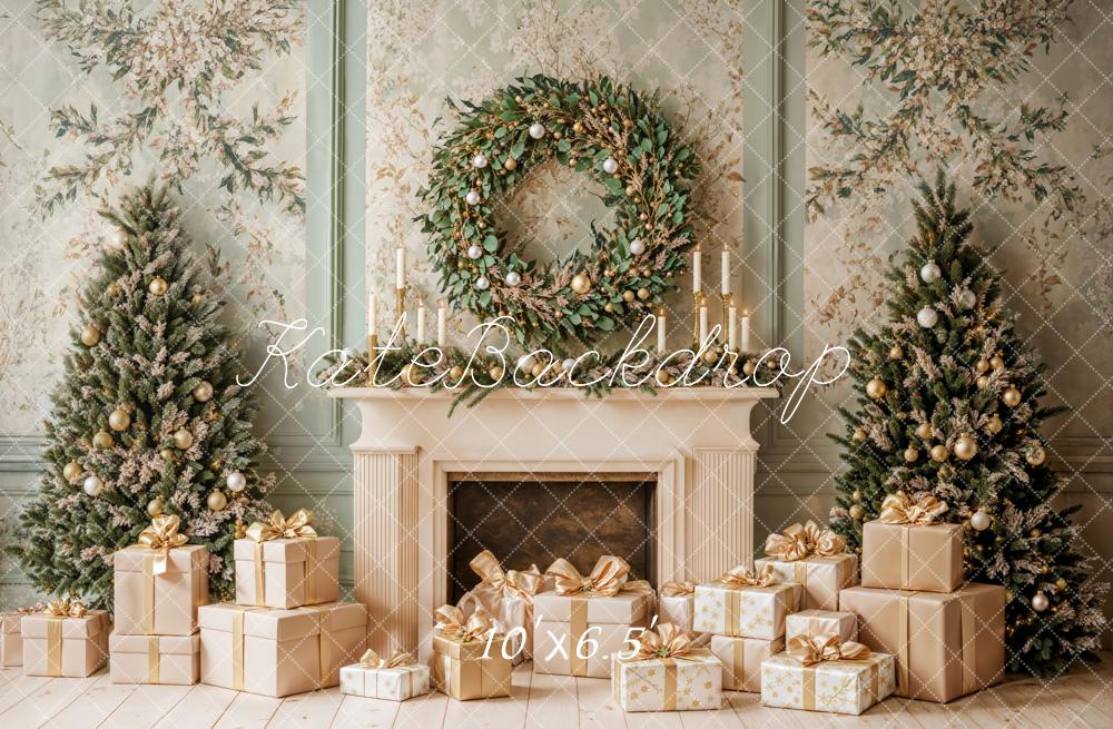 Kate Christmas Fireplace Tree Wreath Green Retro Wall Backdrop Designed by Emetselch