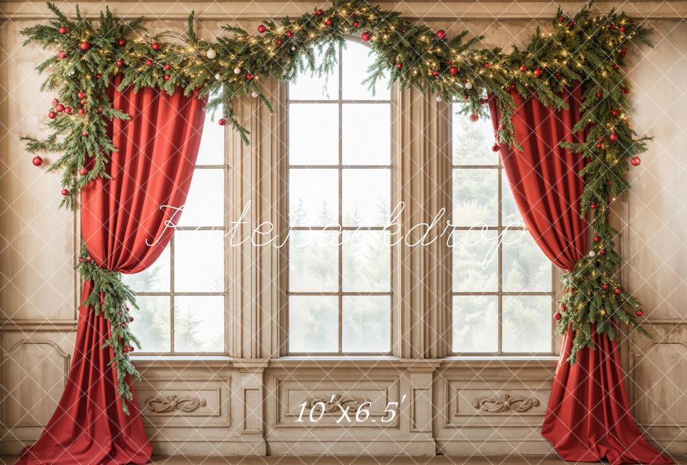 Kate Christmas Garland Window Red Curtains Backdrop Designed by Emetselch