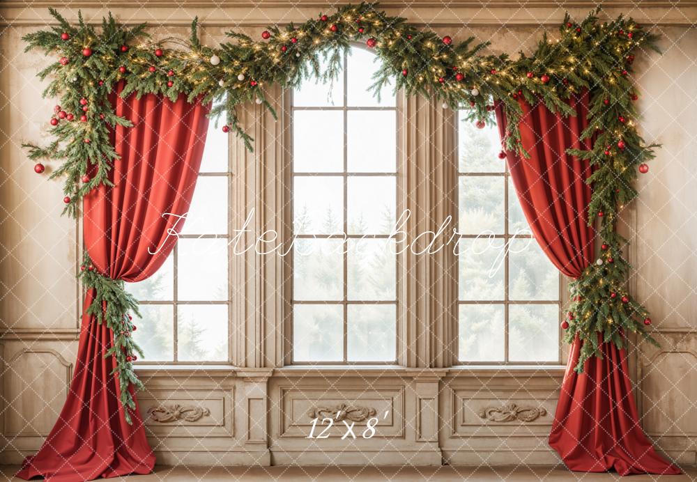 Kate Christmas Garland Window Red Curtains Backdrop Designed by Emetselch