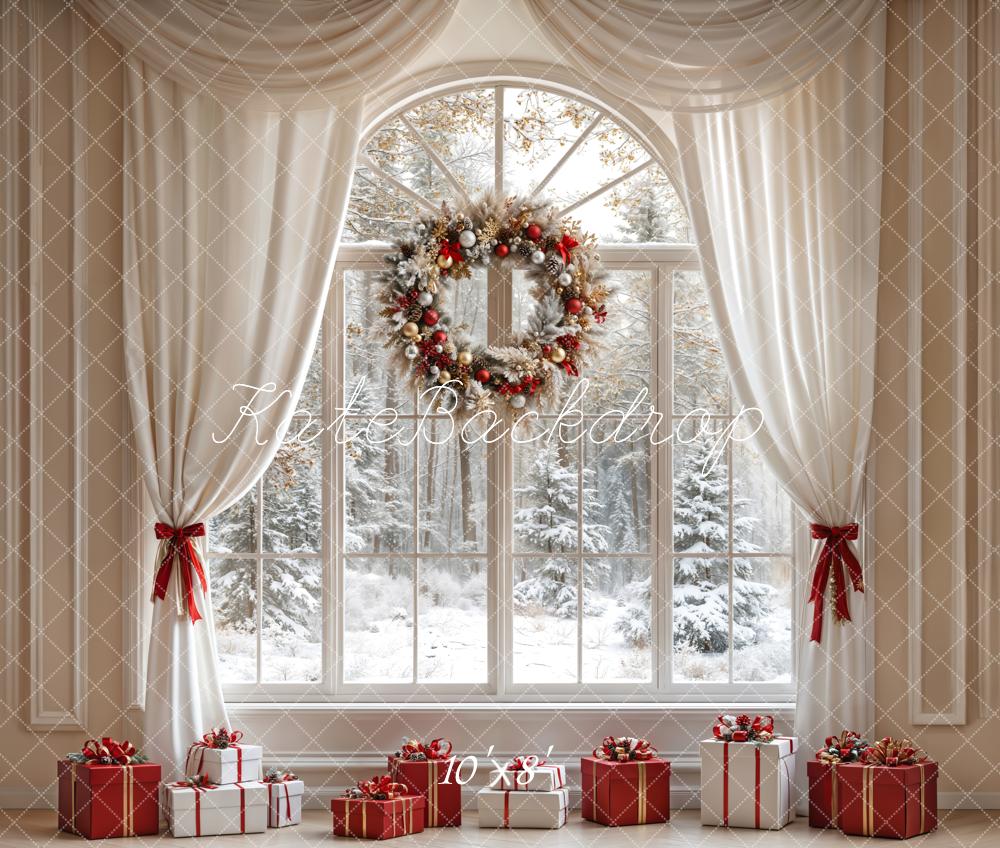 Kerst White Curtain Wreath Window Foto Achtergrond Designed by Emetselch
