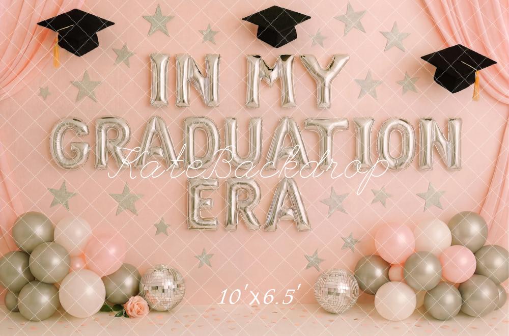 A 10ft x 6.5ft graduation-themed backdrop with balloons and 'In My Graduation Era' text on a pink background.
