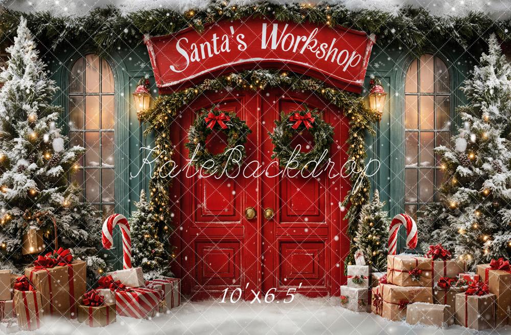 Kate Christmas Santa's Workshop Red Door Snow Backdrop Designed by Emetselch