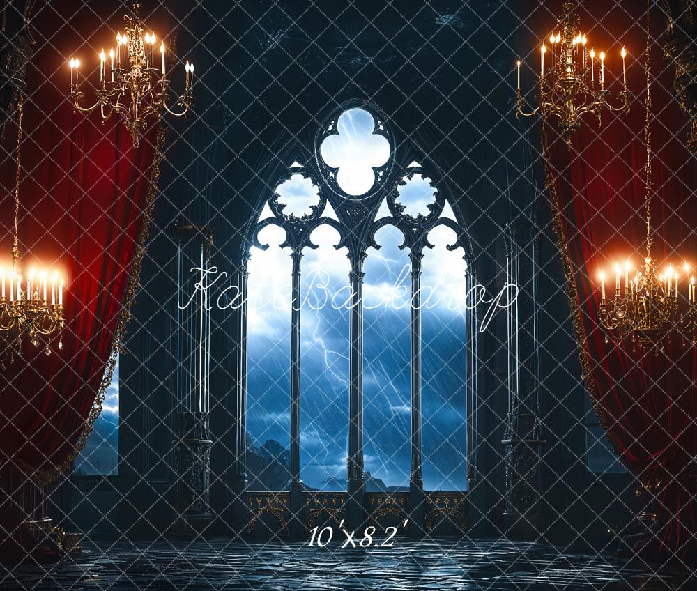 Kate Halloween Gothic Castle Window Chandelier Red Curtains Backdrop Designed by Emetselch