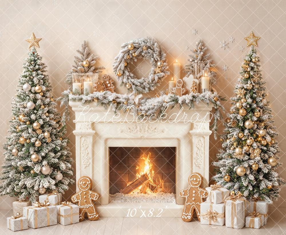 Kate Christmas Fireplace Gingerbread Snow Trees Gifts Backdrop Designed by Emetselch