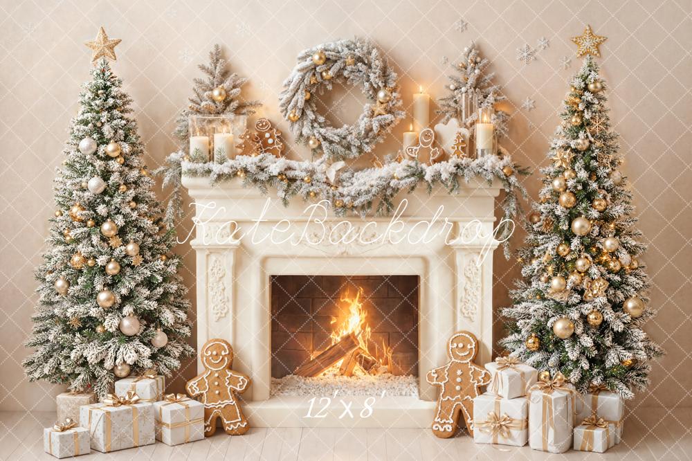 Kate Christmas Fireplace Gingerbread Snow Trees Gifts Backdrop Designed by Emetselch