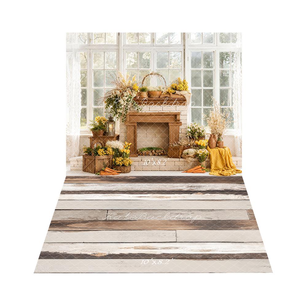 Kate Spring Easter Yellow Flowers Fireplace Window Sunlight Backdrop+Light Brown White Retro Wood Floor Backdrop