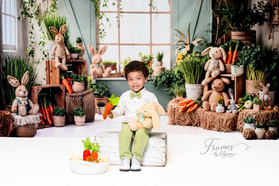 Kate Easter Bunny Carrots Green Window Hay Printed Backdrop Designed by Emetselch
