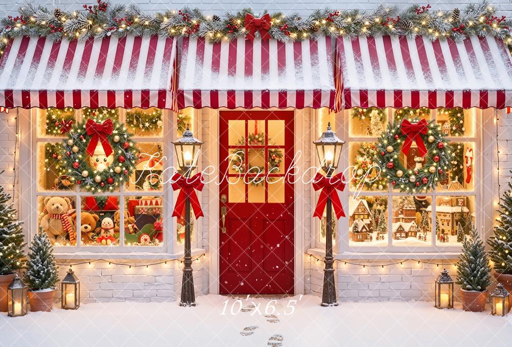 Kate Christmas Holiday Shop Front Red Awning Wreaths Snow Backdrop Designed by Emetselch
