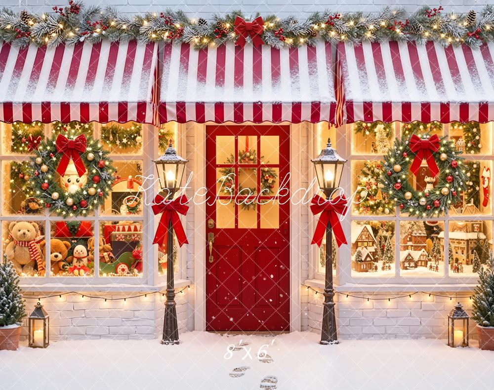 Kate Christmas Holiday Shop Front Red Awning Wreaths Snow Backdrop Designed by Emetselch