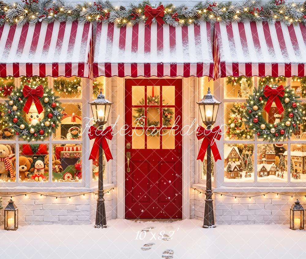 Kate Christmas Holiday Shop Front Red Awning Wreaths Snow Backdrop Designed by Emetselch