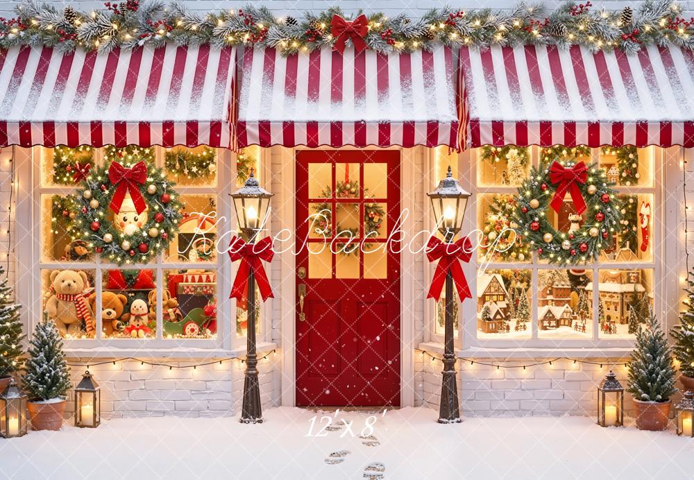 Kate Christmas Holiday Shop Front Red Awning Wreaths Snow Backdrop Designed by Emetselch