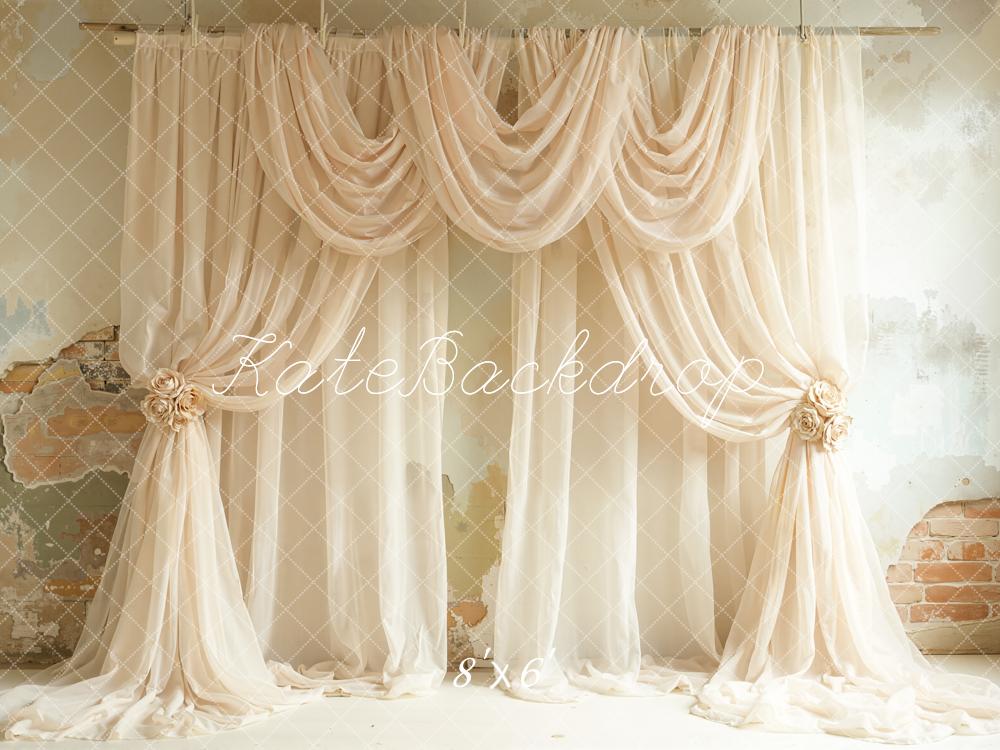 Kate Elegant Beige Draped Curtains Vintage Wall Printed Backdrop Designed by Emetselch