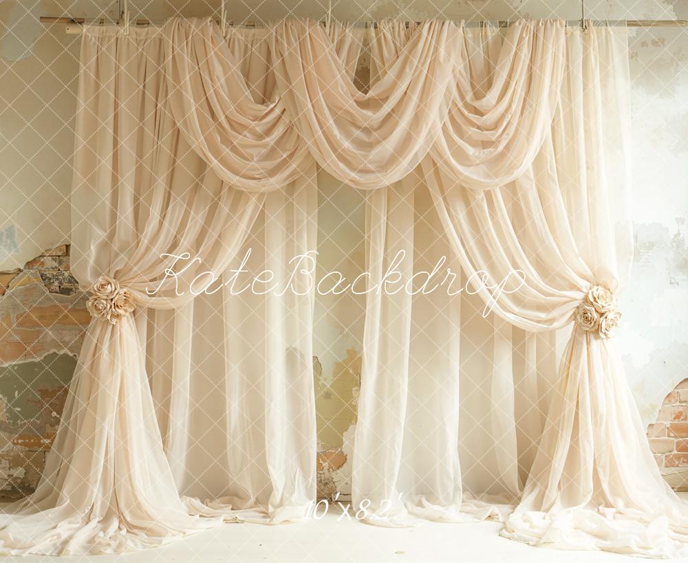 Kate Elegant Beige Draped Curtains Vintage Wall Printed Backdrop Designed by Emetselch