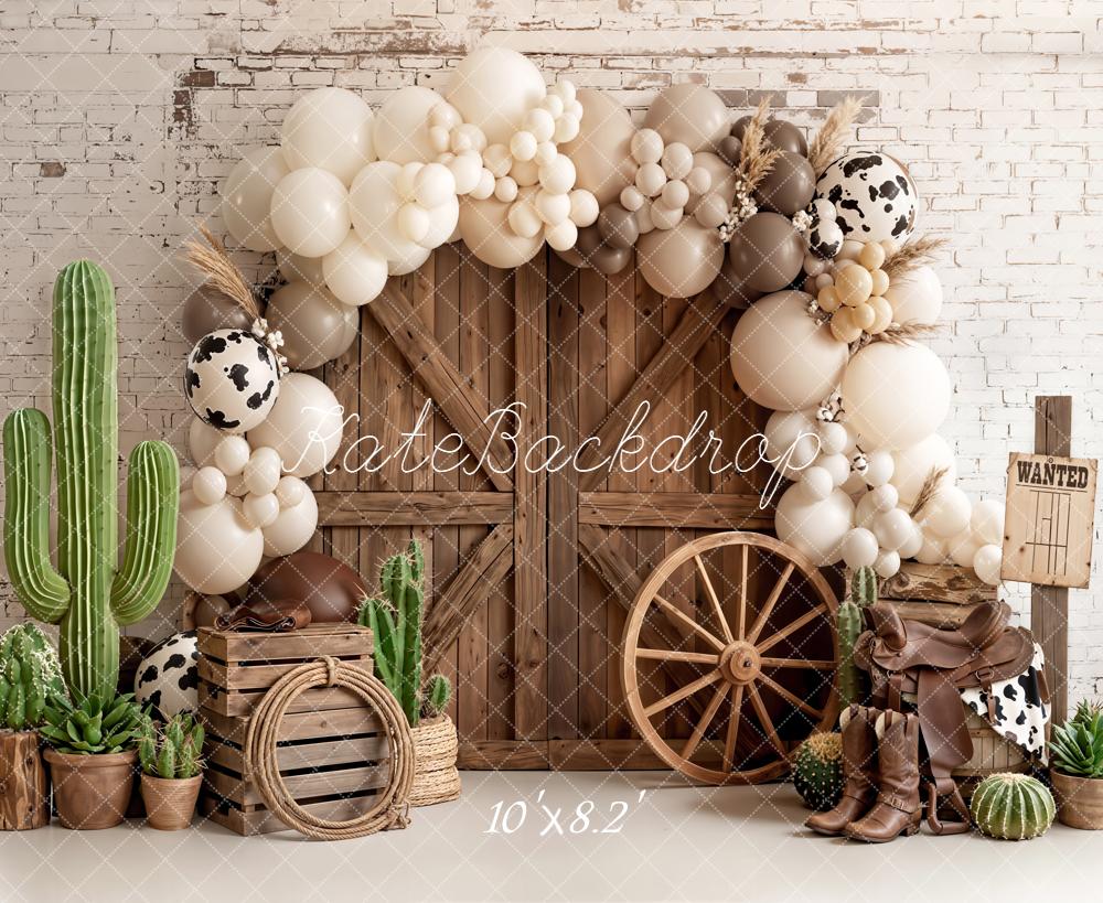 Kate Western Barn Door Cow Print Balloon Arch Cactus Printed Backdrop Designed by Emetselch
