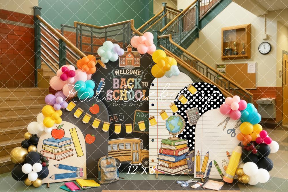 Kate Back to School Classroom Chalkboard School Bus Balloons Notepad Printed Backdrop Designed by Emetselch