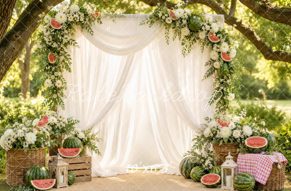 Kate Summer Branch Arch White Drapes Watermelon Floral Printed Backdrop Designed by Emetselch
