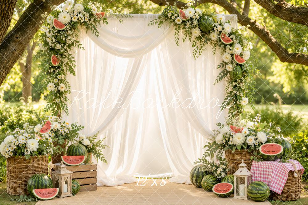 Kate Summer Branch Arch White Drapes Watermelon Floral Printed Backdrop Designed by Emetselch