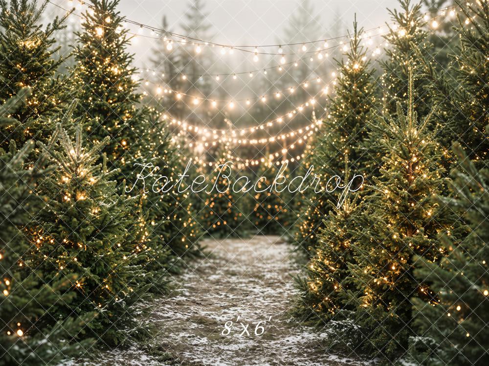 Kate Christmas Pine Tree Forest String Lights Printed Backdrop Designed by Emetselch