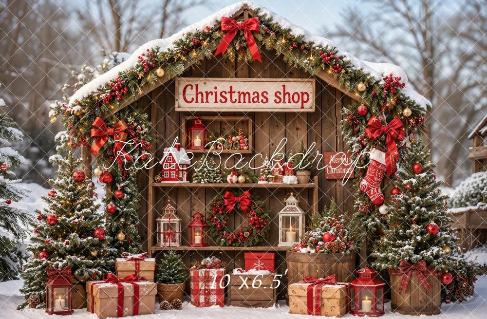 Kate Christmas Shop Rustic Cabin Snowy Trees Gifts Forest Printed Backdrop Designed by Emetselch