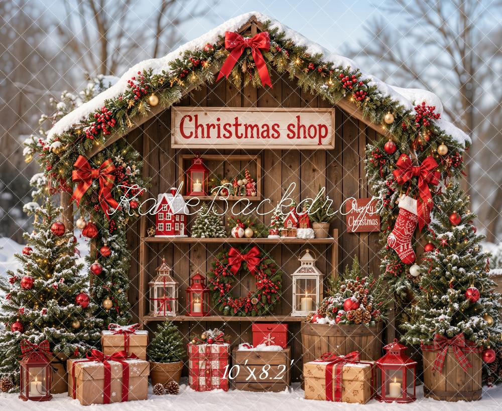 Kate Christmas Shop Rustic Cabin Snowy Trees Gifts Forest Printed Backdrop Designed by Emetselch
