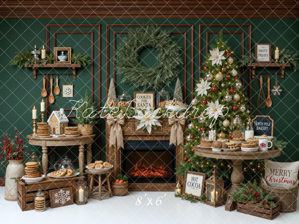 Kate Christmas Fireplace Tree Cookie Wreath Dessert Table Green Printed Backdrop Designed by Mini MakeBelieve