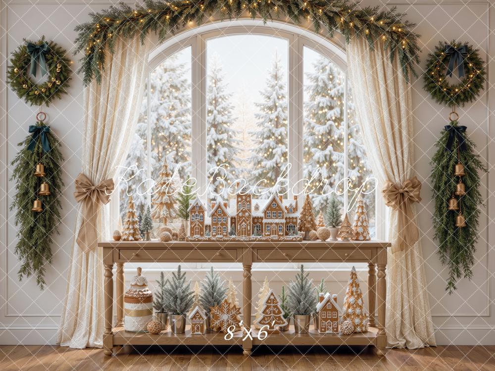 Kate Christmas Gingerbread Village Window Garland Curtains Printed Backdrop Designed by Mini MakeBelieve