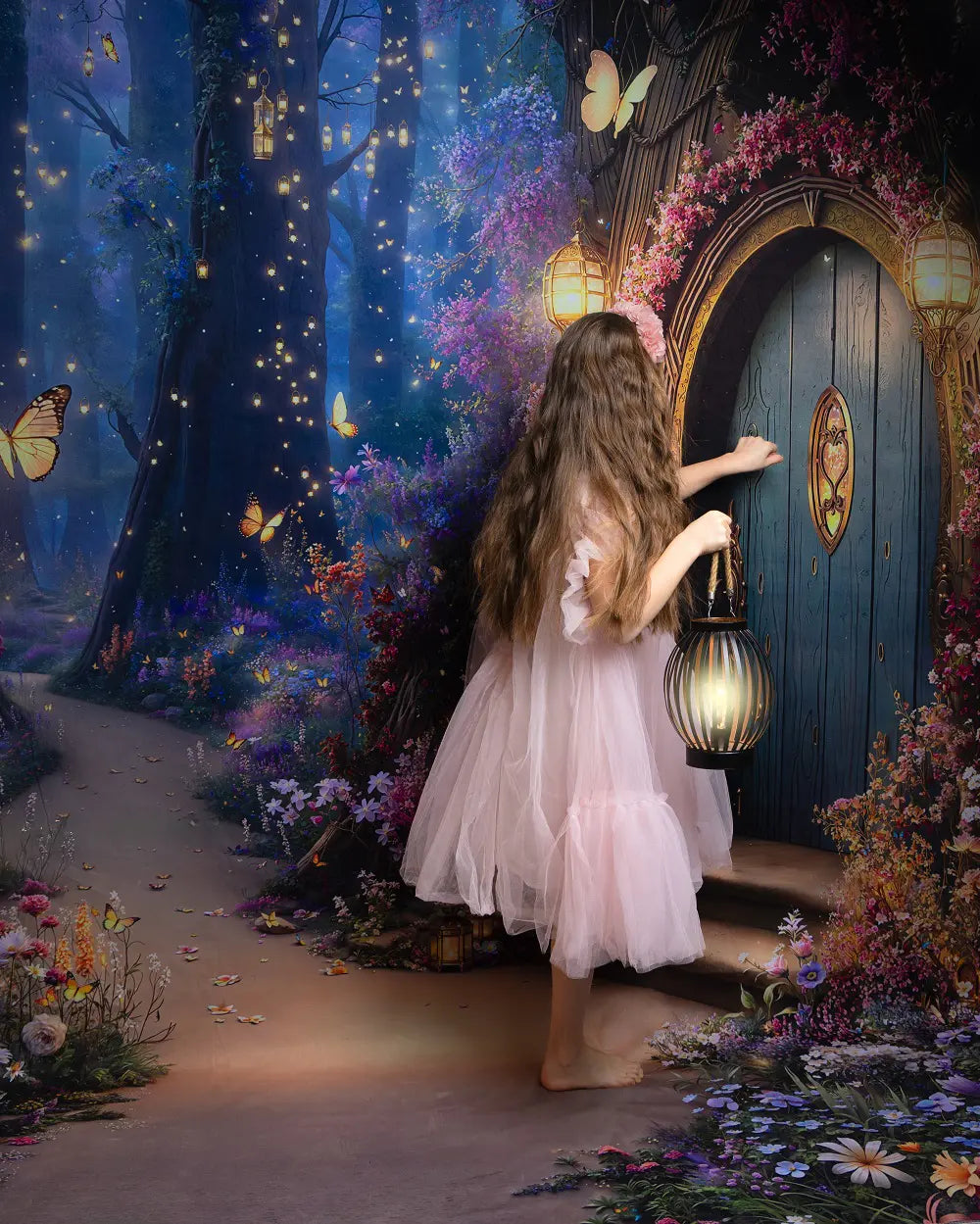 Kate Fairy Tale Forest Tree House Butterflies Pathway Printed Backdrop Designed by Emetselch