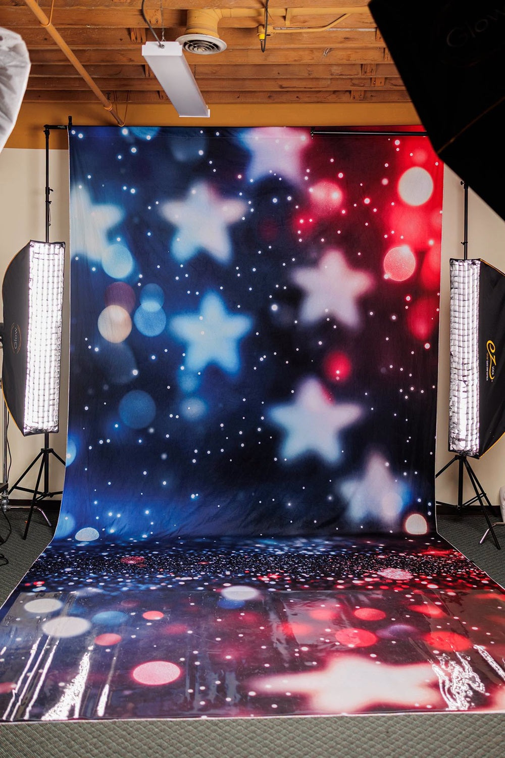 Kate 4th of July Red Blue Star Bokeh Printed Backdrop Designed by Chain Photography