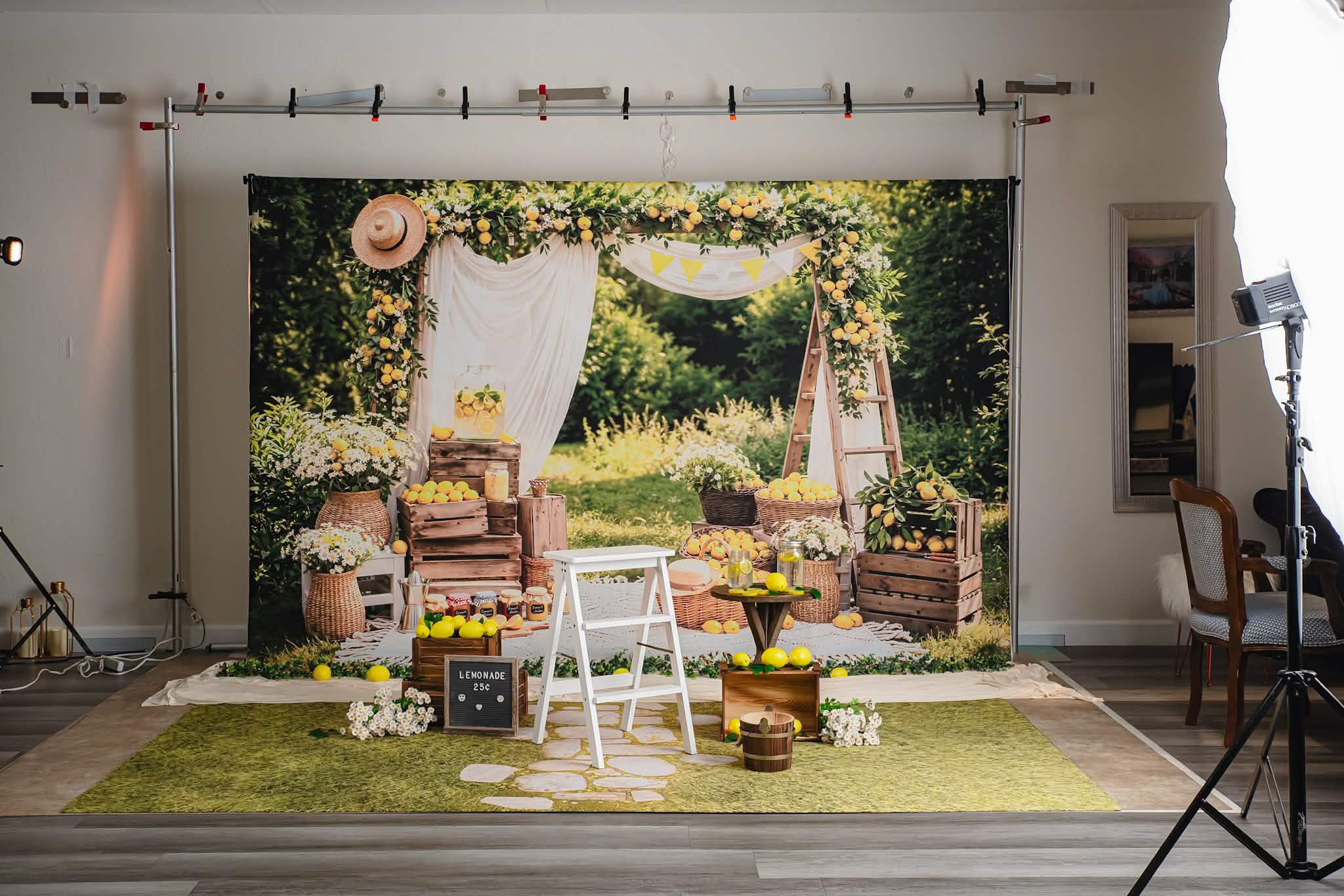 Kate Summer Lemon Flower Arch Picnic Baskets Crates Printed Backdrop+Stone Pathway in Green Meadow Printed Backdrop