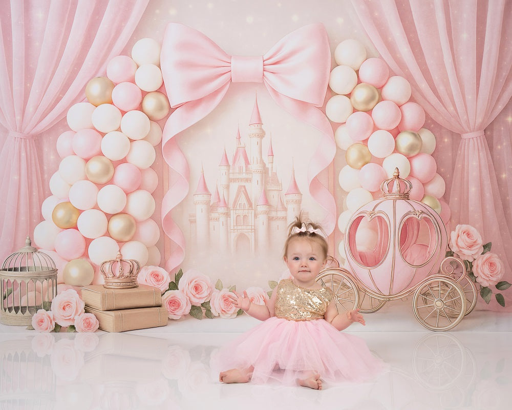 Fondo de pastel de demolición de castillo de princesa rosa carruaje diseñado por Ashley Paul