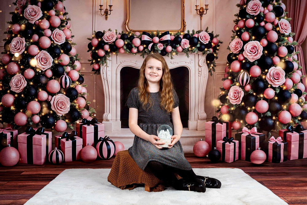 Kate Christmas Tree Pink Rose Fireplace Garland Printed Backdrop Designed by Ashley Paul