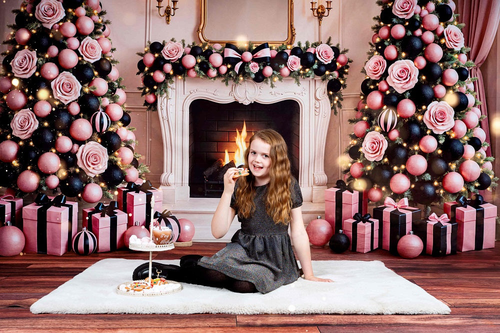 Kate Christmas Tree Pink Rose Fireplace Garland Printed Backdrop Designed by Ashley Paul
