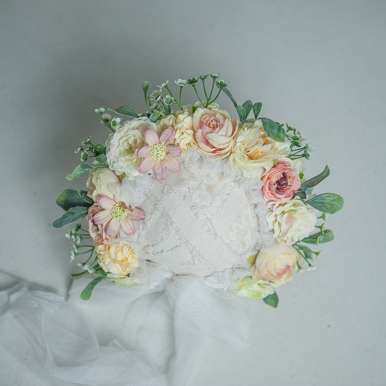 Kate Beige Pink Floral Bonnet for Newborn Photography