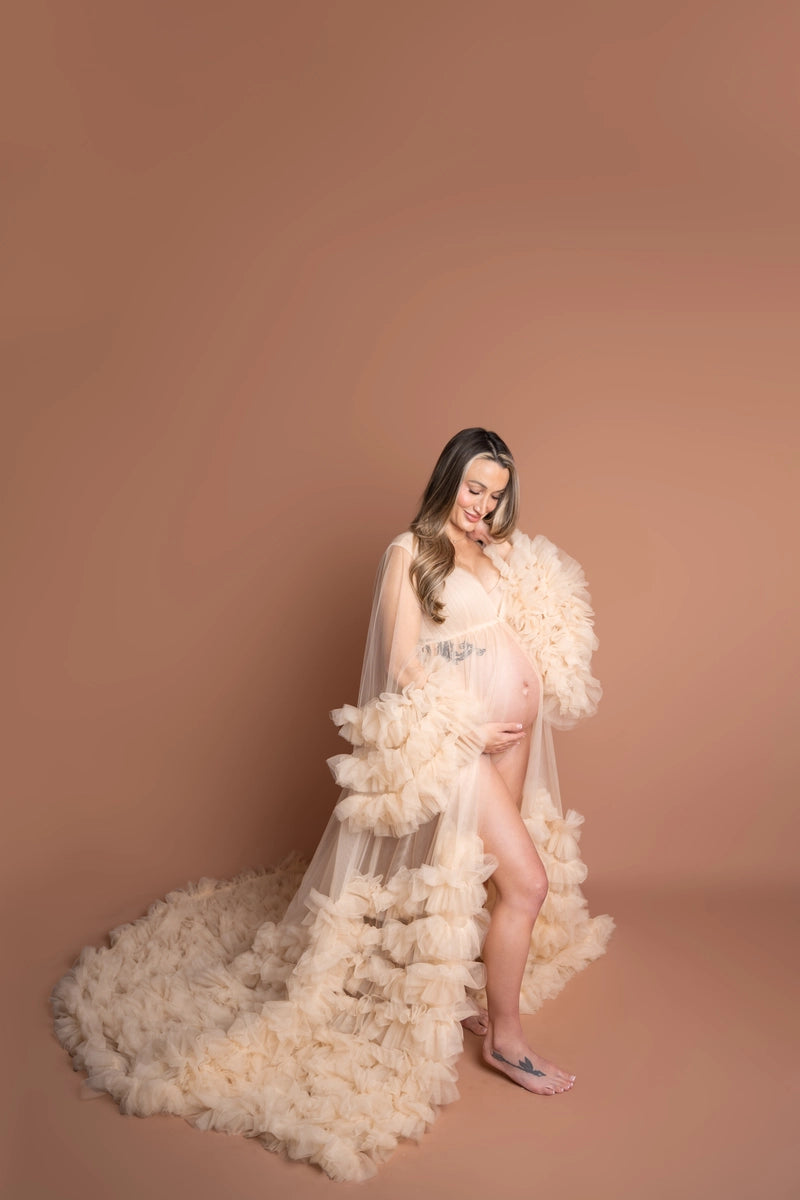 Kate Mesh V-neck Trailing Mid Sleeve Custom Maternity Photoshoot Gowns