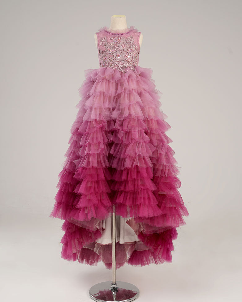 Kate Gradient Pink and Purple Tiered Kids Dress for Photography, 5-6 Years (130cm)