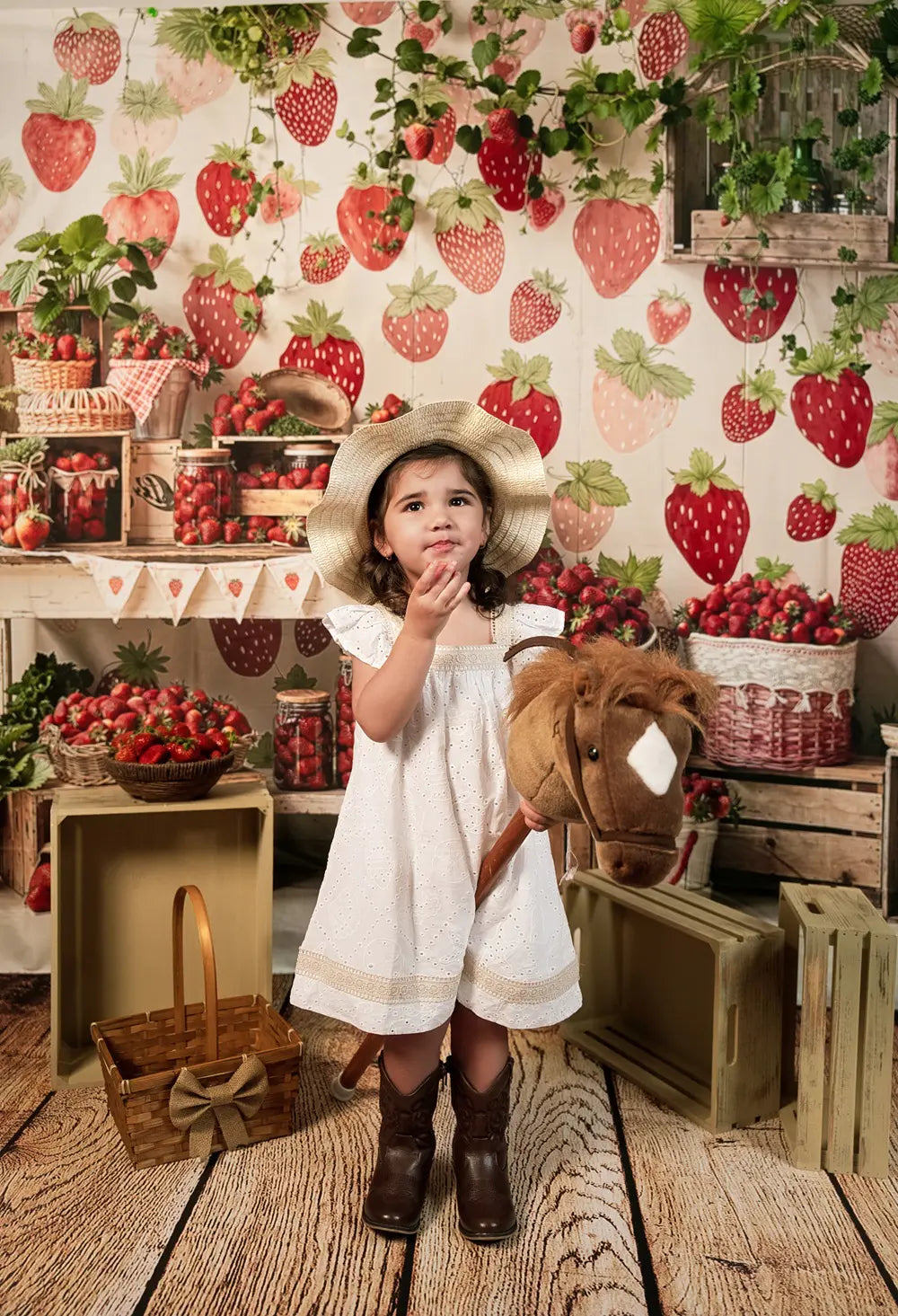 Kate Summer Strawberry Fruit Crates and Greenery Printed Backdrop Designed by Emetselch