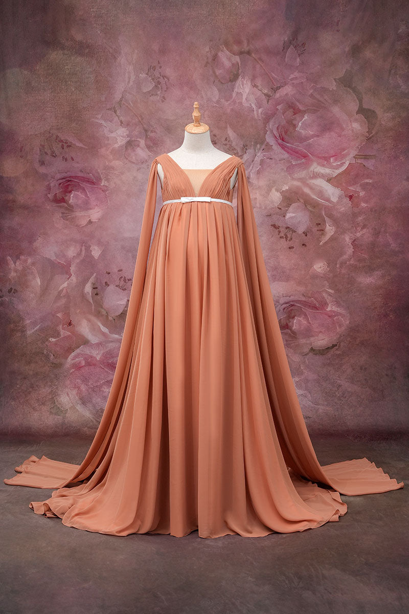 Brown one-shoulder satin maternity dress front view
