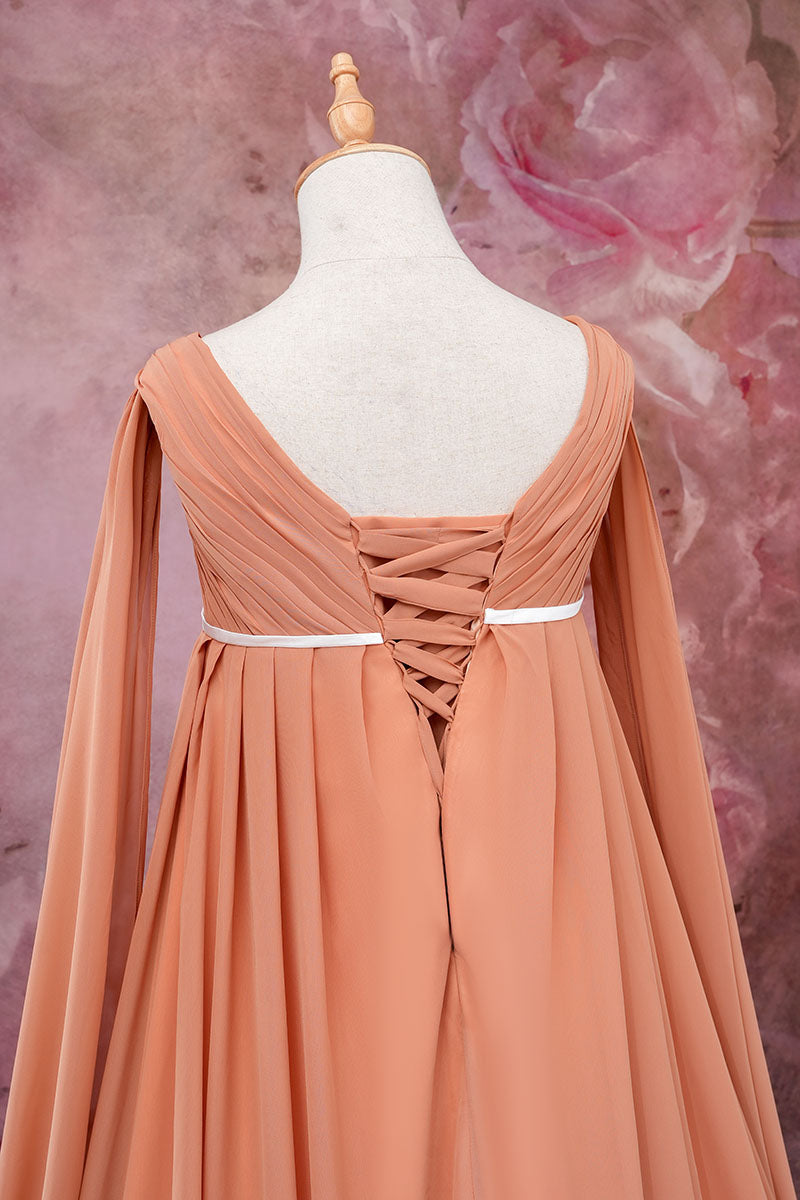 Detailed photo of the back of brown one-shoulder satin maternity dress