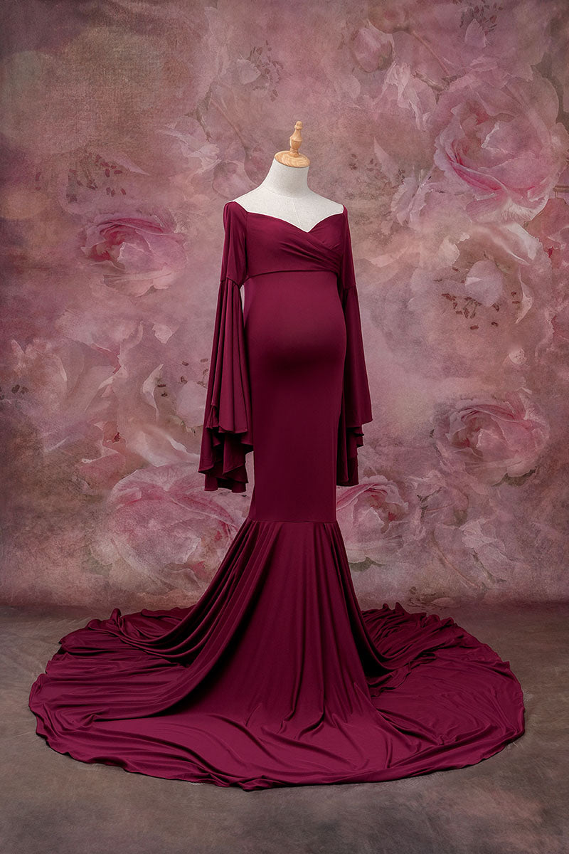  Side view of maroon one-shoulder satin dress