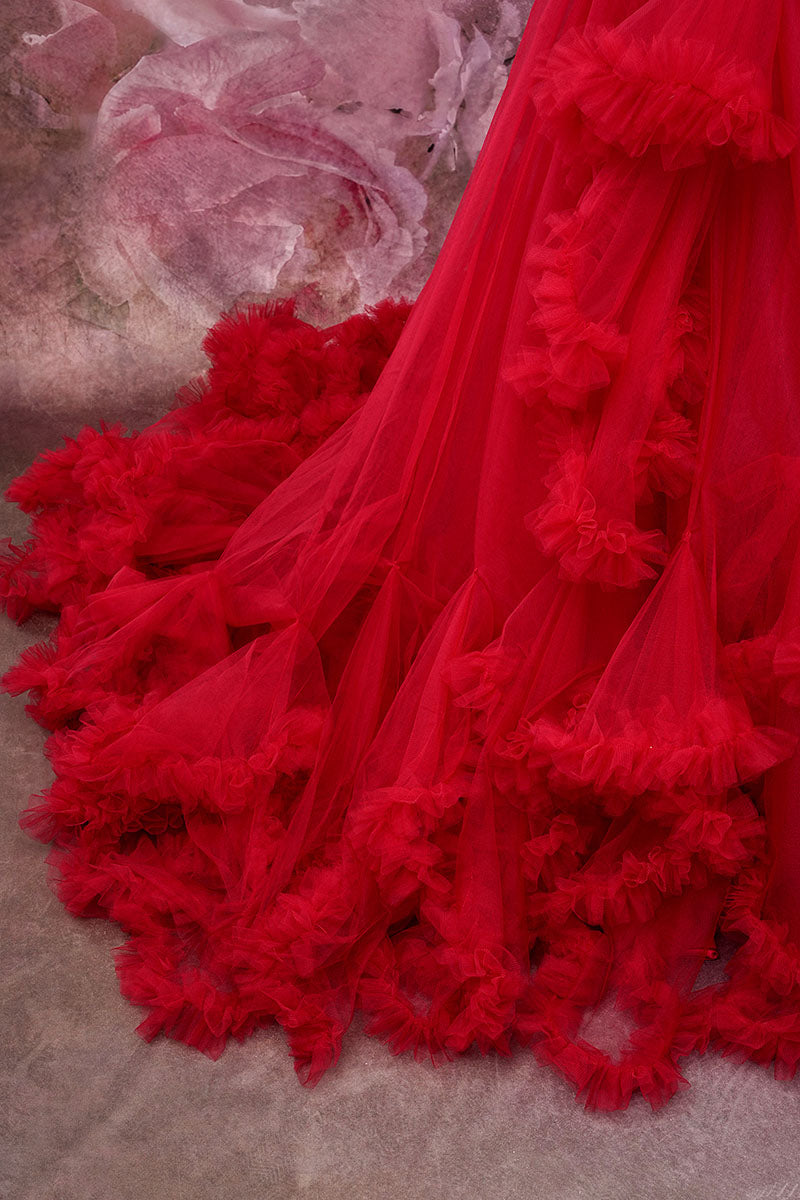Detailed photo of red one-shoulder mesh maternity dress skirt