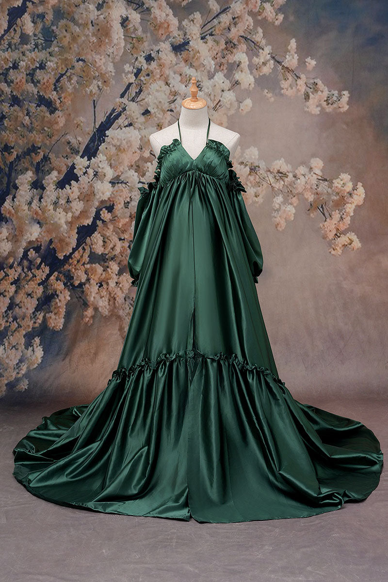 Front view of green one-shoulder silk maternity dress