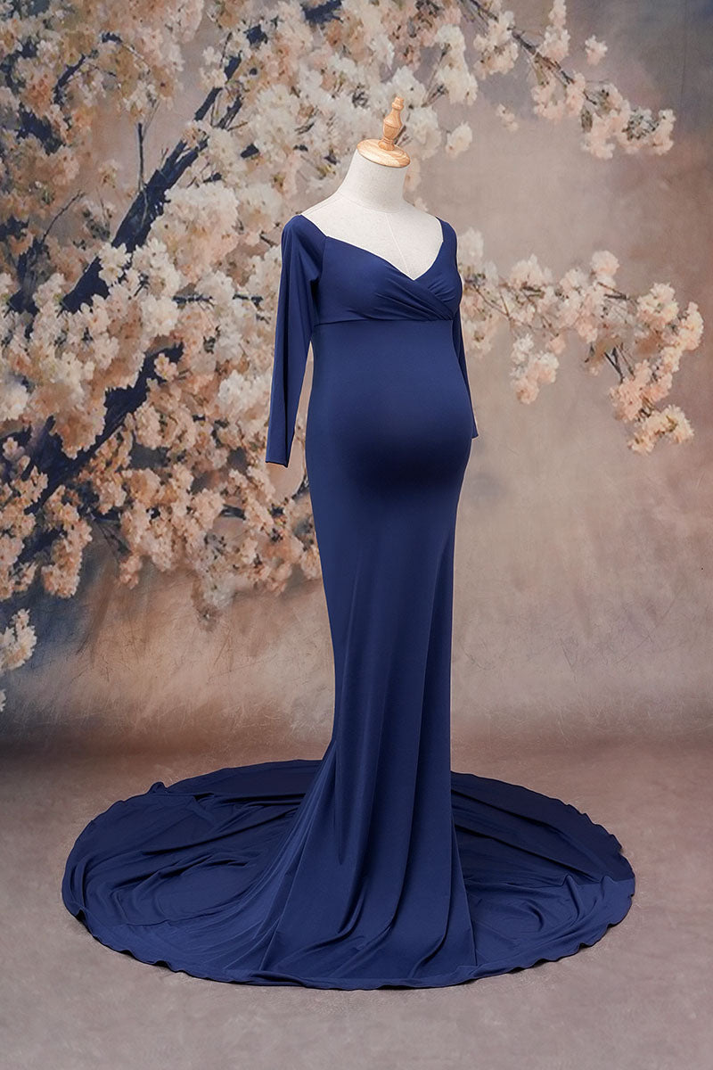 Blue One Shoulder Satin Maternity Dress Side Shot