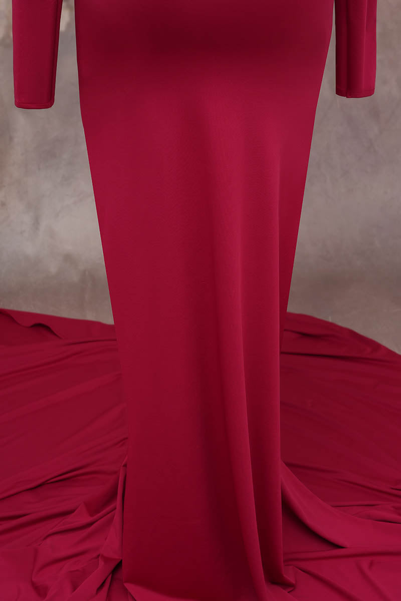  Detail shot of red long sleeve satin maternity dress