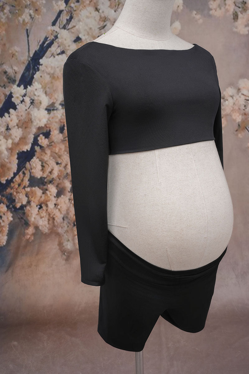 Side view of black maternity suit with leaky belly