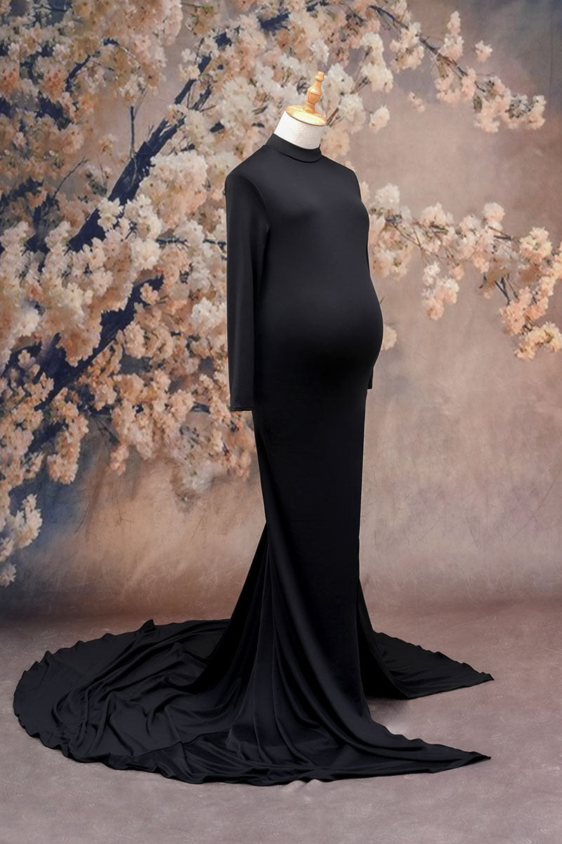 Black long-sleeved satin maternity dress side shot