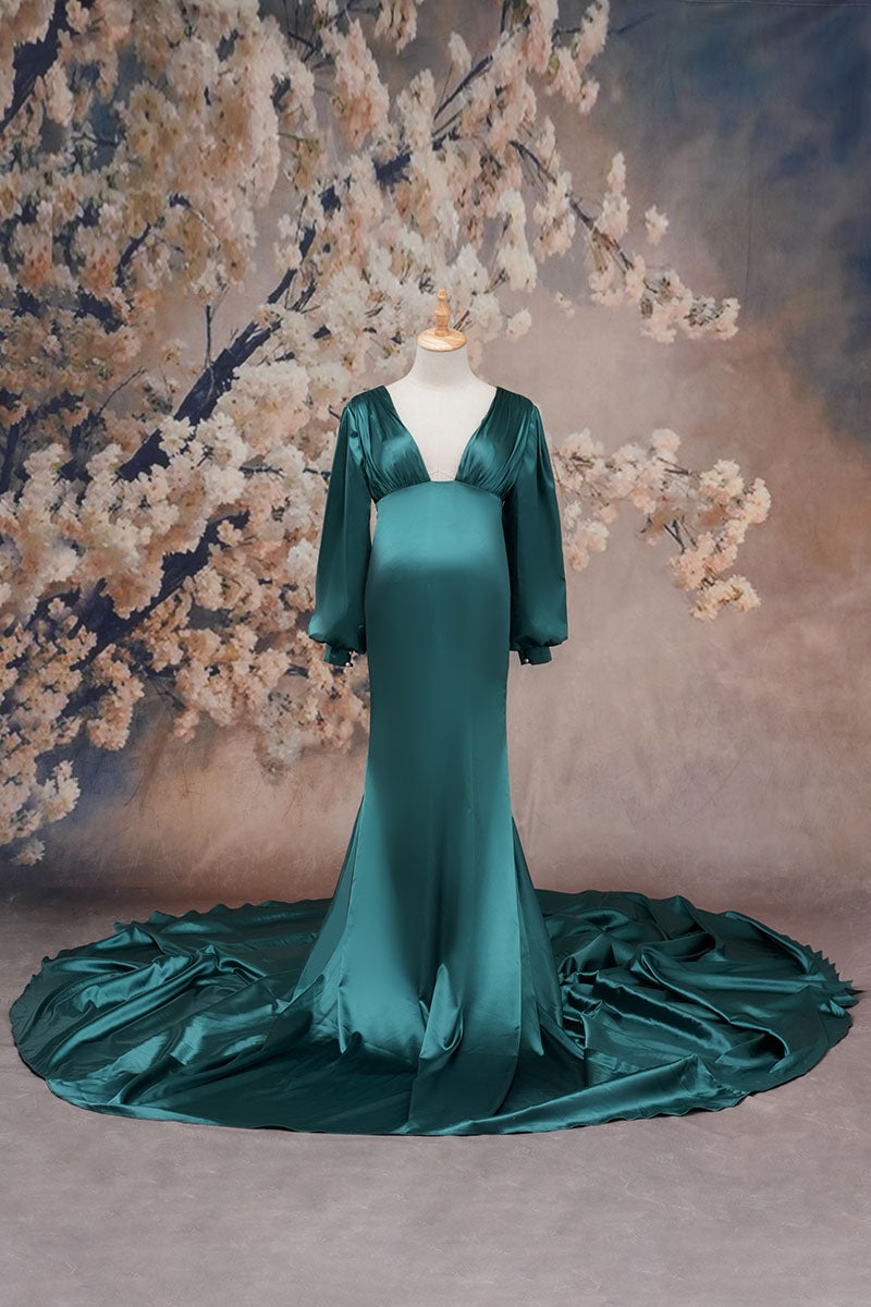 Green long-sleeved satin maternity dress front view