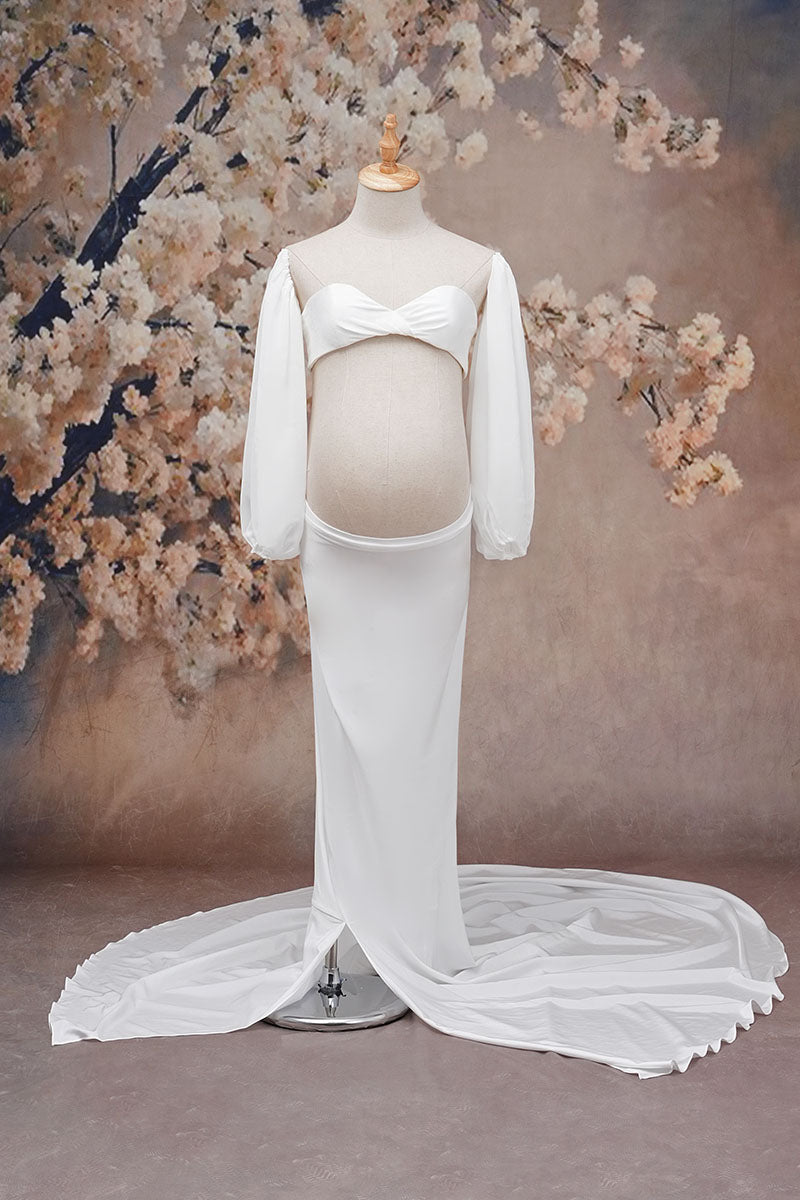 White long sleeve satin maternity dress front view