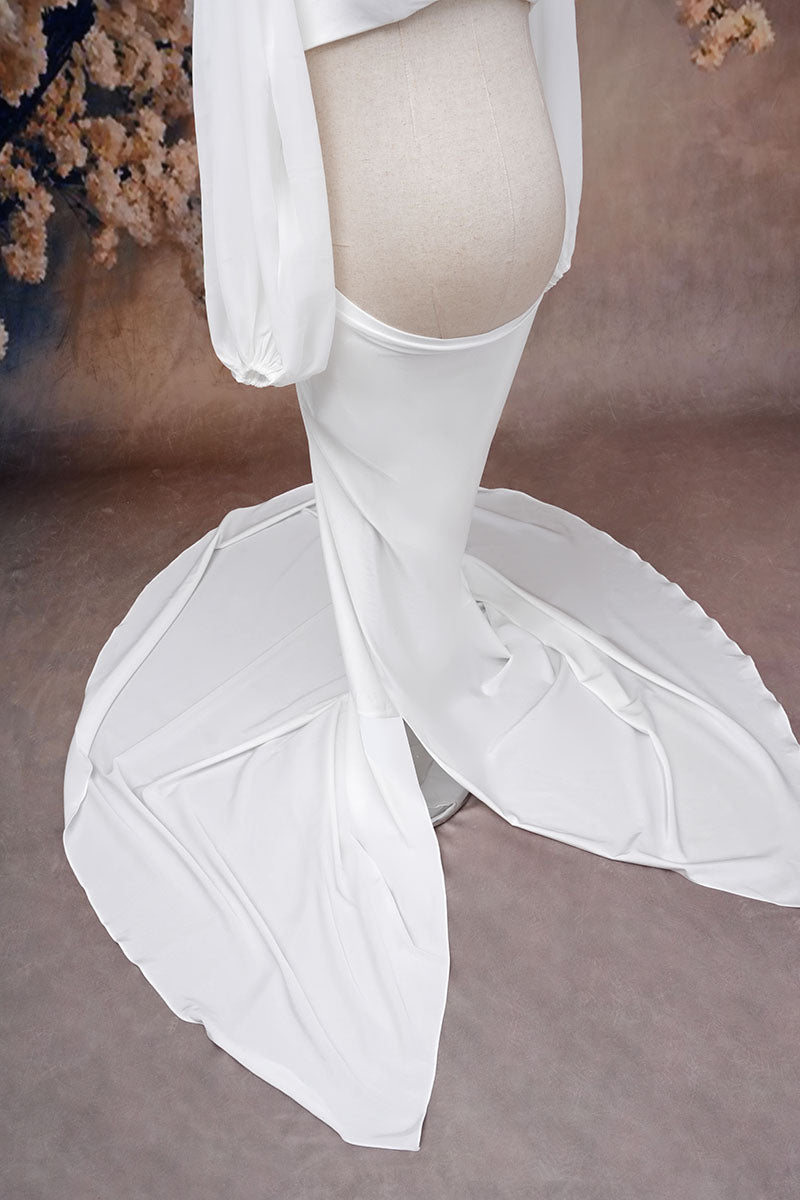 White long sleeve satin maternity dress detail